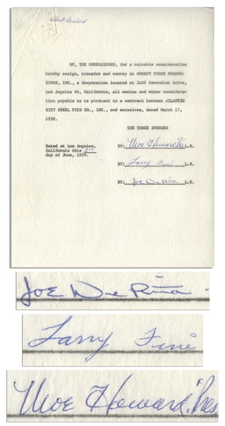 Three Stooges Signed Agreement With Atlantic City Steel Pier Co., Dated June 1959 -- Signed by Moe Howard, Larry Fine & Joe DeRita -- Single Page Measures 8.5'' x 11'' -- Very Good Condition